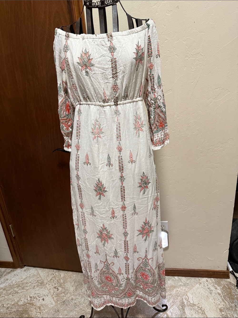 Boho Off-Shoulder White Maxi Dress with Pink Floral Motif